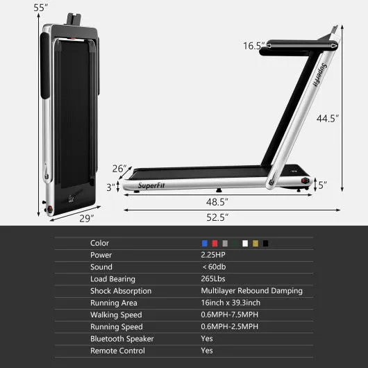 2 in 1 Folding Treadmill with Bluetooth Speaker Remote Control-Silver