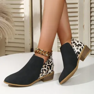 Fashion Leopard Print Boots Women's Pointed Thick Heels Back Zipper Shoes