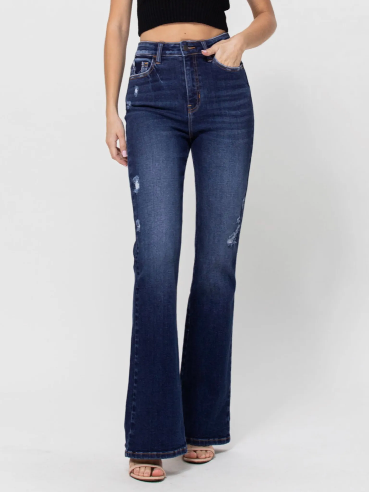 High Rise Back Slit Bootcut - Dark Denim