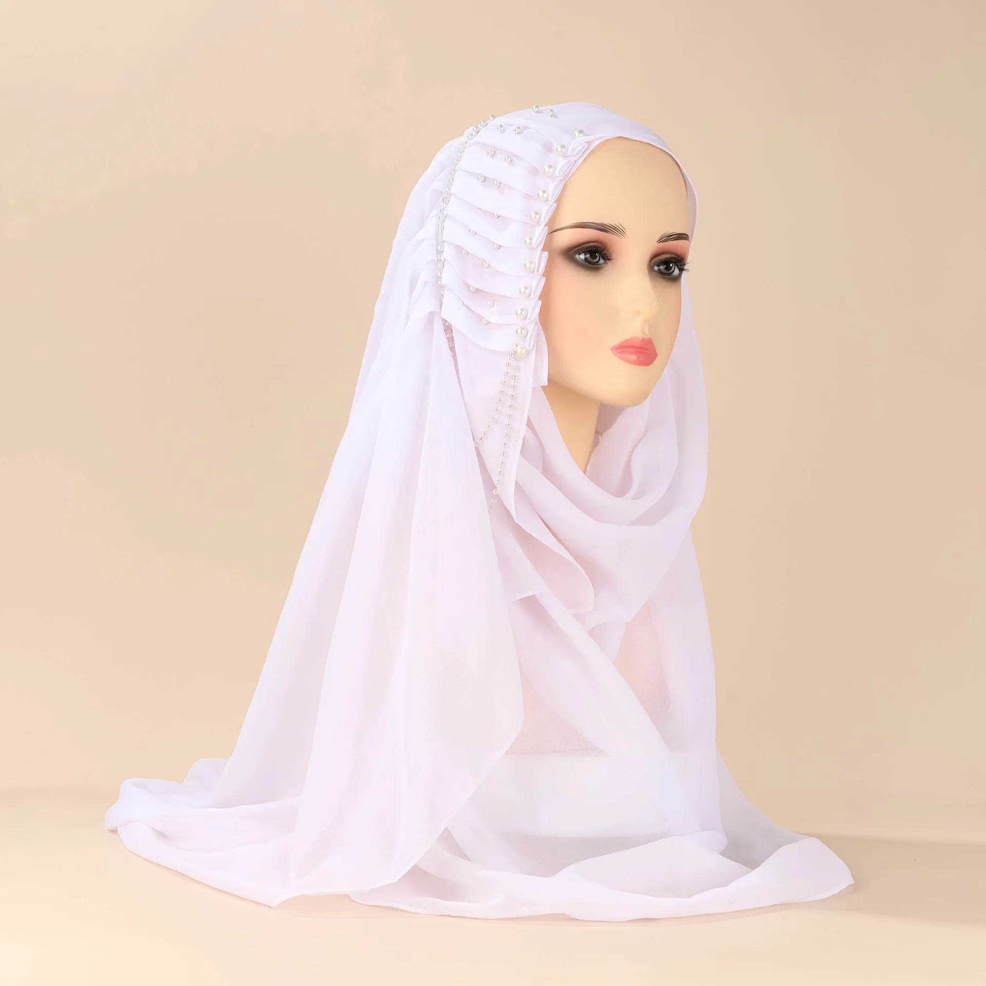 Hij62508 Women's headscarf solid color pearl chiffon tassel long scarf pleated Middle Eastern ethnic scarf spot