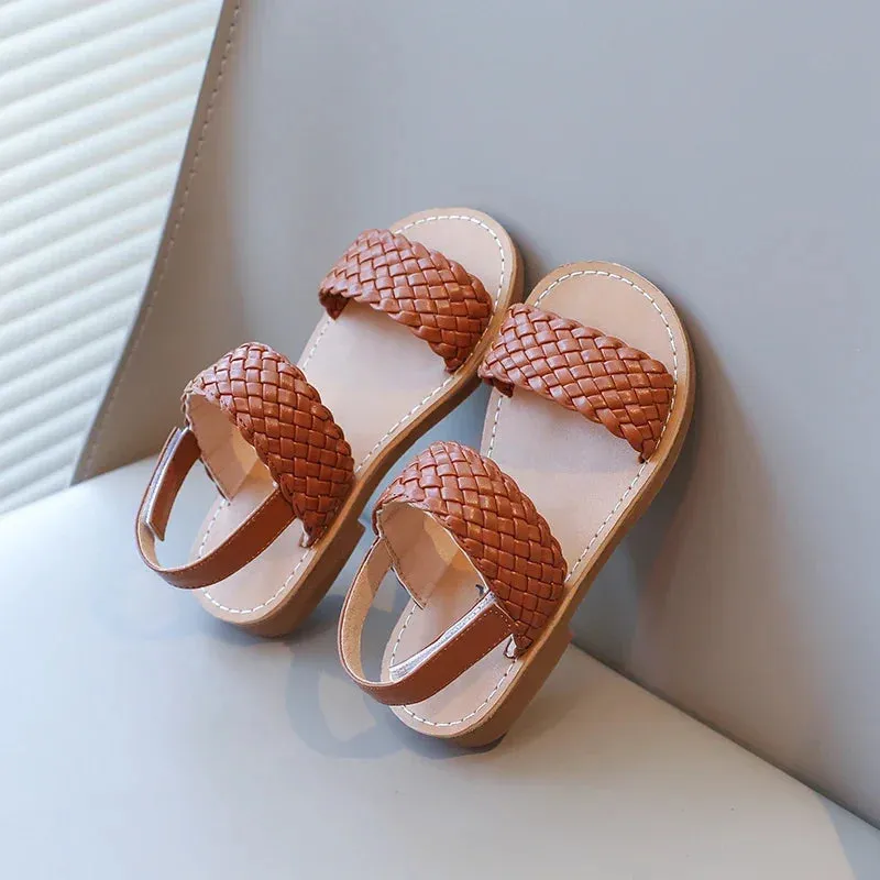 Kids Sandals for Girls 2024 Summer Girls Weave Design Sandals Children Beach Shoes Open Toes Flat Anti-skid Rubber Ankle Strap