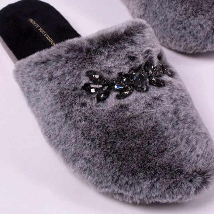 Pretty You London Charcoal "Dido" Jewelled Slippers